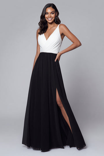 Col en V Noir et Blanc Robe Longue Formelle Trapèze avec Fente